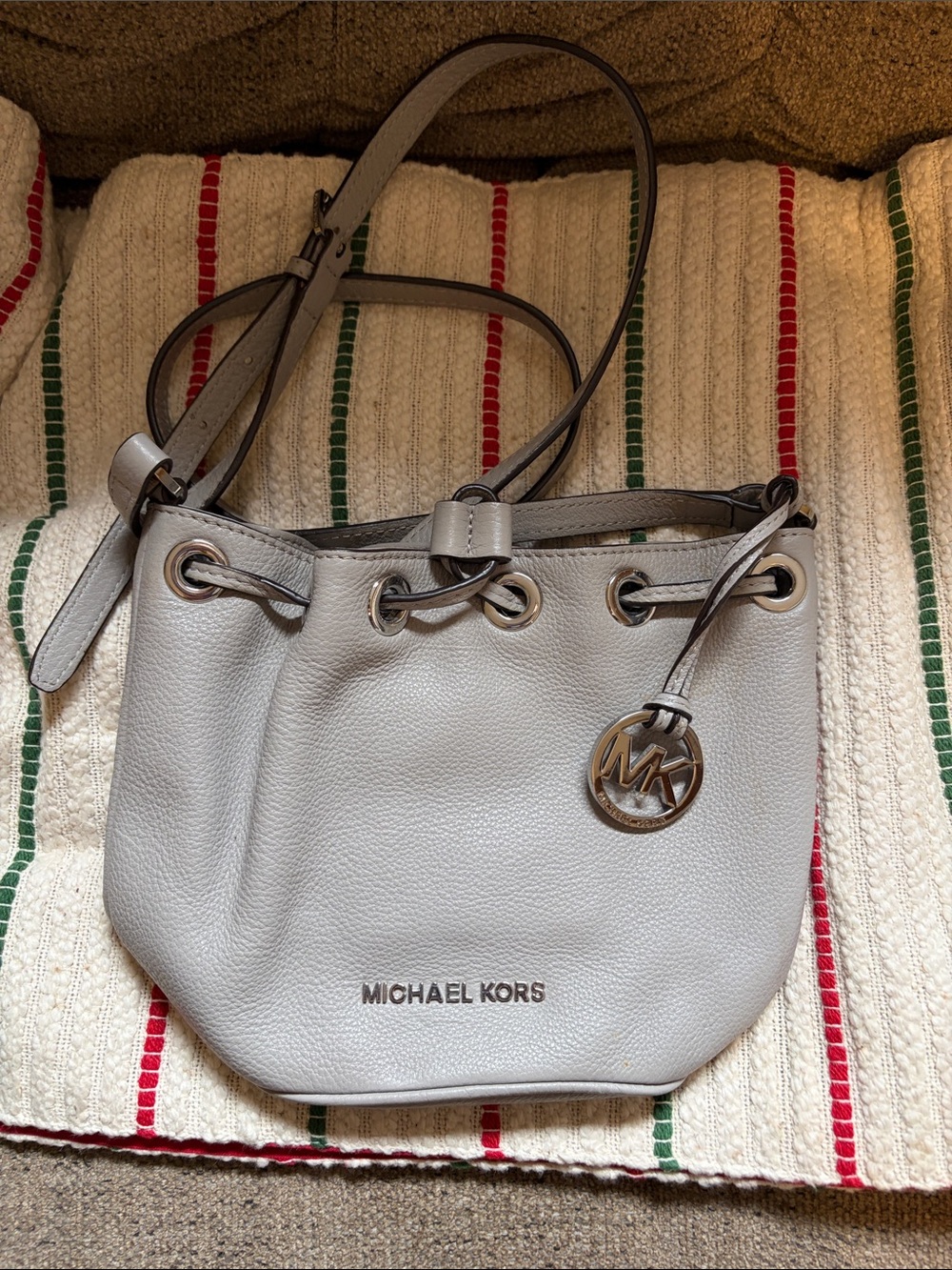 Michael Kors Light Gray Leather Drawstring Shoulder Bag
